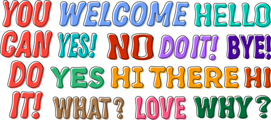 Hand drawn colorful lettering phrases vector illustration set doodle typography collection