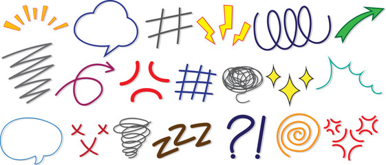 Hand drawn comic doodle elements set with symbols, scribbles and speech bubbles vector illustration