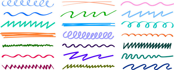 Hand drawn colorful underline scribble set, marker and brush stroke doodle collection