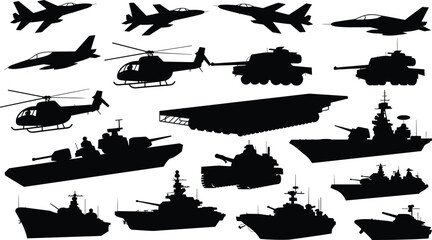 Military vehicles silhouettes set featuring fighter jets helicopters tanks warships aircraft carrier modern army navy air force icons vector © Hamim's World