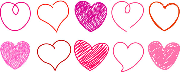Hand drawn heart shapes flat design vector illustration set, love symbol collection