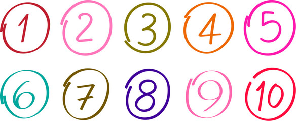 Hand drawn numbers 1 to 10 in colorful circles vector illustration set doodle style