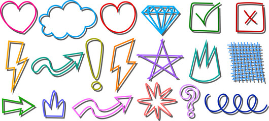 Hand drawn sketch symbols collection crown flame question mark scribble shapes vector