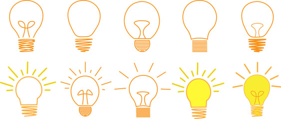Light bulb vector icon set collection, colorful idea lamp symbols with glowing rays for innovation concept design