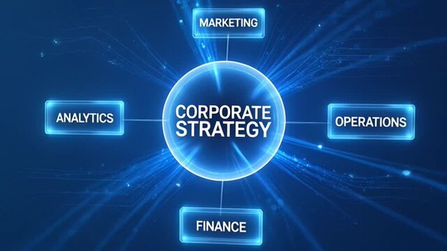 Strategic Core: A striking digital rendering of a corporate strategy at the heart of operations, fueled by data and analysis. Highlighting finance and marketing as integral components.