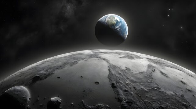 Earth and Moon in Space with Asteroids and Stars in Dark Sky