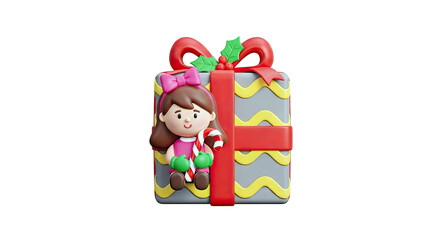 Obraz premium 3D Cartoon Girl with Candy Cane on Christmas Gift