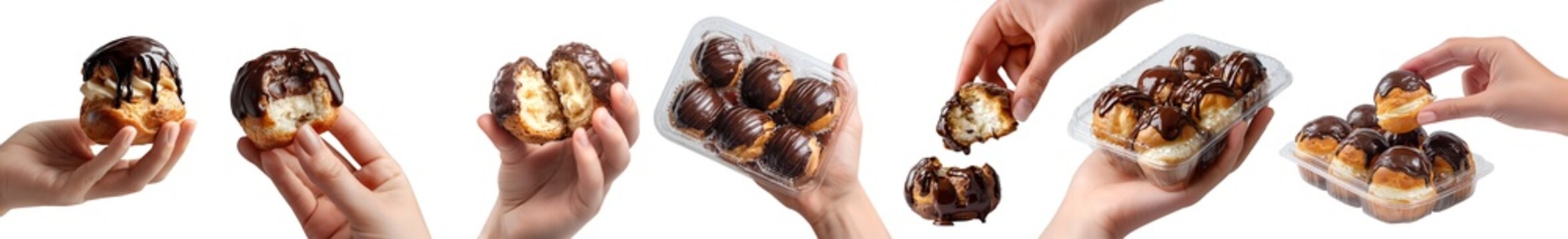 Set of hand holding Profiterole with chocolate ganache Cream Puff pastry p&acirc;te &agrave; choux , takeout plastic containers, pile stack group broken half bite, transparent cutout PNG. Many different Mockup
