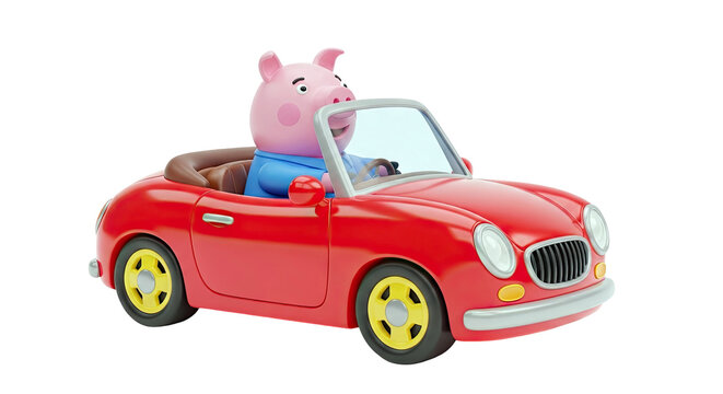 Peppa Pig driving a red convertible car