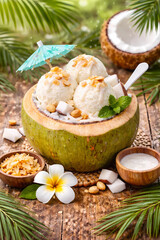 Coconut Ice Cream Served in Fresh Coconut Shell