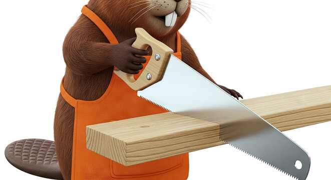 Beaver using a hand saw on a wooden plank