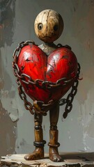 A wooden figure holding a large, chained heart