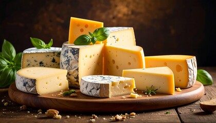 A wooden plate with various types of cheese and herbs