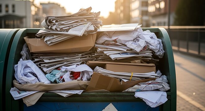 A green trash can filled with papers and cardboard on a city street