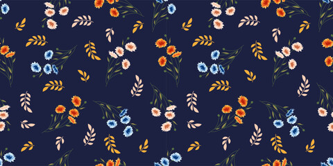 Elegant Small Floral Seamless Pattern on Dark Blue Background
