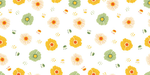 Minimal Yellow Floral Seamless Pattern on White Background