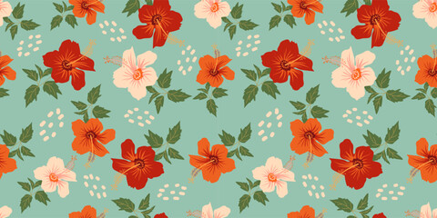 Vibrant Red Floral Seamless Pattern with Soft Green Background
