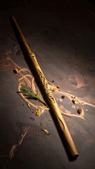 A wooden wand on a dark surface with roots and seeds