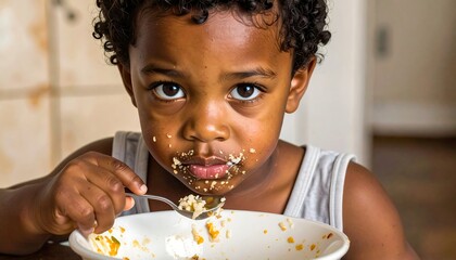 A young boy eating a messy meal