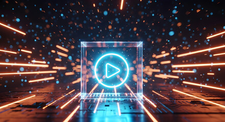 Futuristic neon play button in glowing cube with dynamic light trails