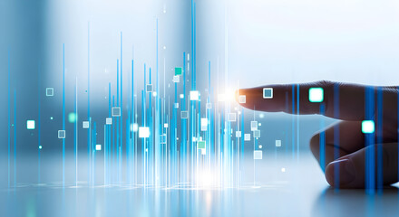 Finger interacting with futuristic digital graph interface