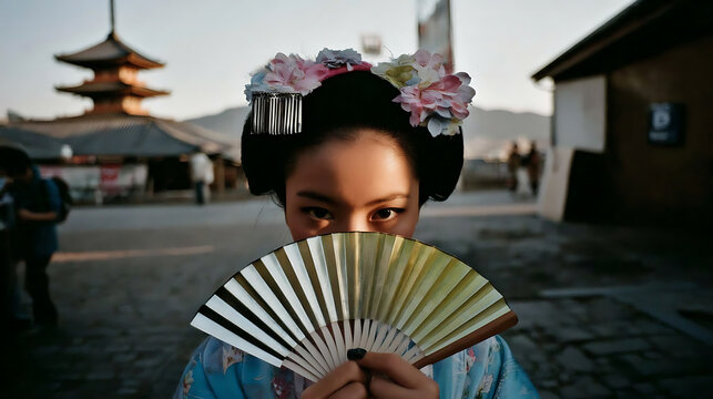 A Geisha with a fan, revealing only her eyes