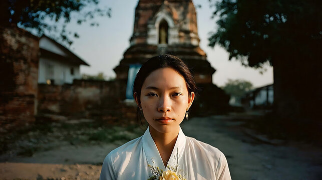 A serene woman in traditional attire, standing before an ancient temple. The scene exudes a sense of tranquility and cultural richness