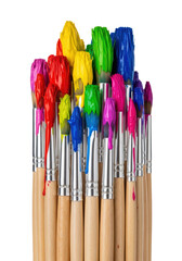 Fototapeta premium A tightly clustered vertical macro shot of wooden paintbrushes loaded with thick, wet, vibrant red, yellow, and blue paint, against a transparent background with copy space. Concept of intense