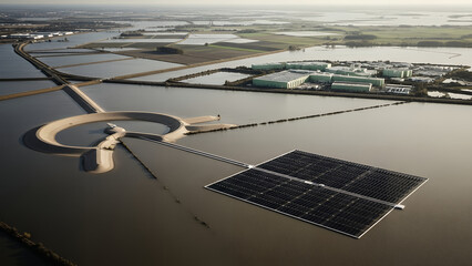 Aerial view of solar panels in flooded landscape with industrial buildings