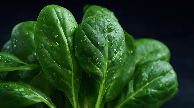 Close-up of fresh spinach leaves with water droplets, showing their vibrant green color and healthy appearance