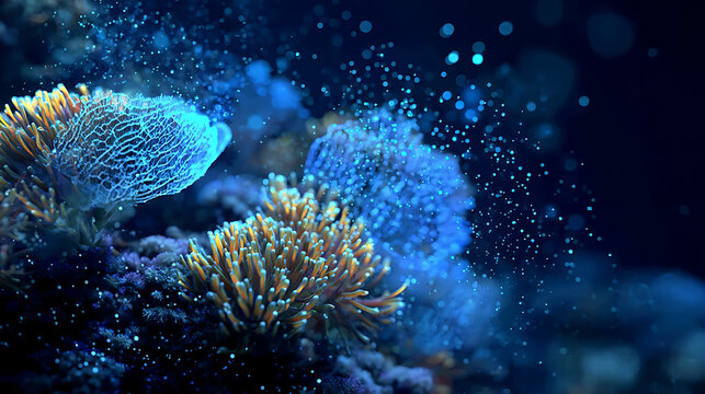 A vibrant underwater scene with corals, exuding a sense of peace and natural beauty. The coral formations have intricate textures and a variety of colors, creating a mesmerizing spectacle