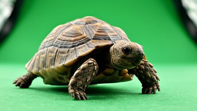 A small brown tortoise with a patterned shell walks on a vibrant green surface in a studio setting.