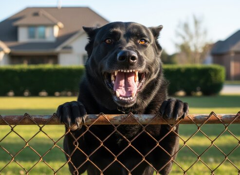 A black dog with amber eyes snarls behind a rusty fence in a suburban neighborhood, looking aggressive.