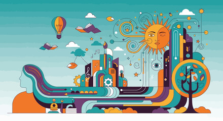 A colorful cartoon vector illustration of a toy locomotive traveling through a sunny city landscape with a bus and car near a modern train station design © Rizky
