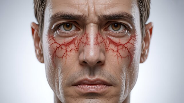 Close-up of a man's face with visible broken capillaries and redness around the eyes, depicting skin conditions or irritation.