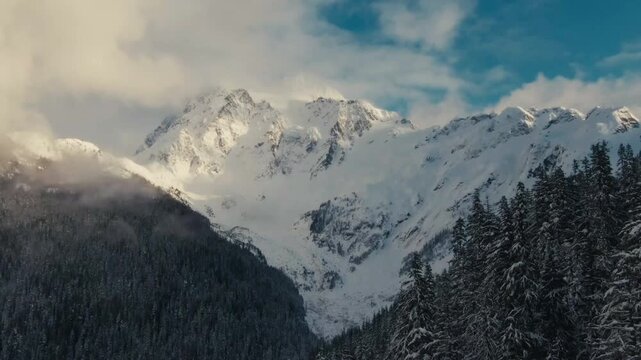 Snowy mountain landscape with evergreen trees