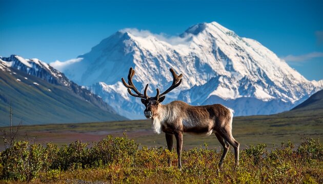 Majestic Caribou Bull In Front Of The Mount Denali Mount Mckinley Alaskal