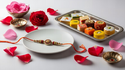 Vibrant rakhi with sweets and rose petals on decorative plate