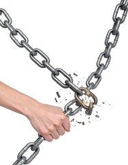A hand breaking a chain with a shattered link