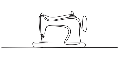 Continuous line drawing of a vintage sewing machine on a plain white background for design. Vector, illustration