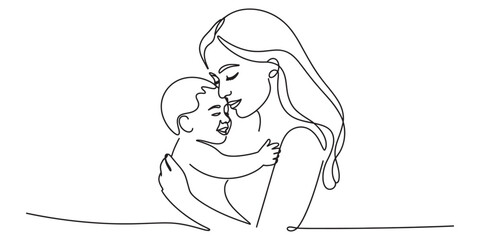 Minimalist line art illustration of a mother holding her smiling baby in her arms Vector, illustration © Kanu Art_Gallery
