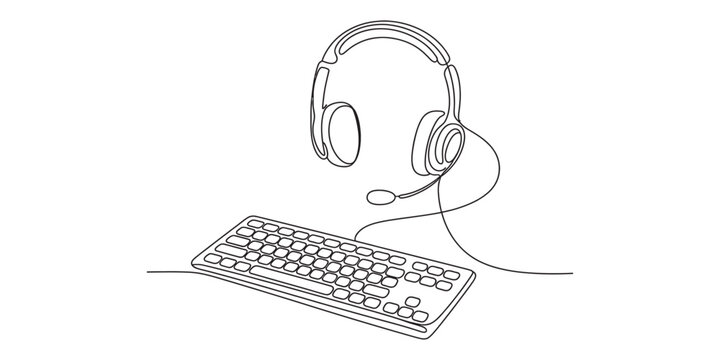 Minimalist continuous one line drawing of a gaming headset and mechanical keyboard equipment Vector, illustration