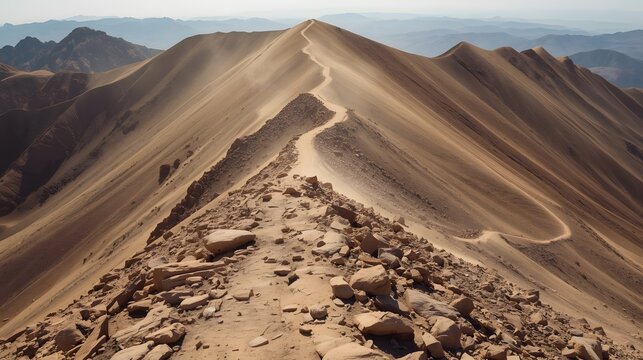 Winding Switchbacks Carving Through a Desolate High Pass, A Panoramic Testament to Human Endurance Amidst the Arid Majesty of the Peaks