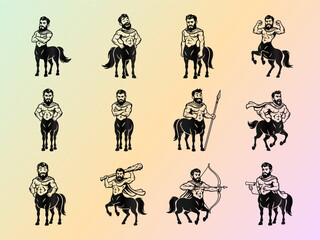 Centaur Character Silhouette Vector Set: Mythological Greek Warrior with Various Poses and Actions