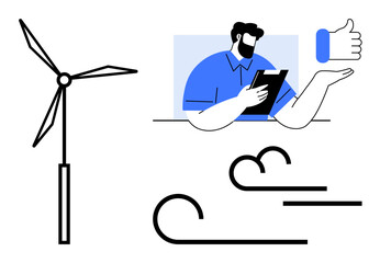 Renewable energy, sustainability, environmental awareness, green technology, alternative energy, wind power. Wind turbine, person holding clipboard thumb up and wind lines. Renewable energy © robu_s