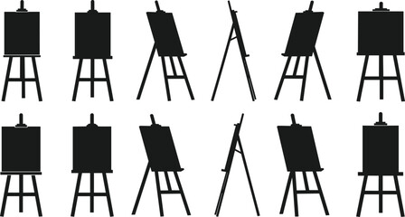 Artist easel silhouettes set vector illustration black and white painting stands collection isolated on white background for art studio design © Sakib BOss