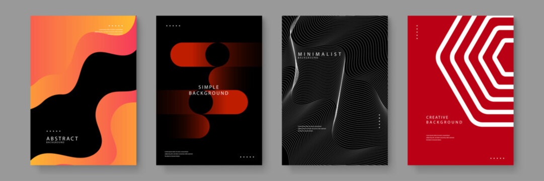 A set of four modern posters featuring fluid waves glowing pills mesh lines and bold hexagonal stripes in red orange and black