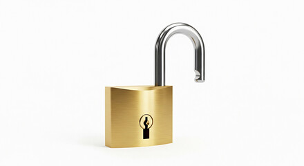 Open padlock with shiny gold body and silver hook
