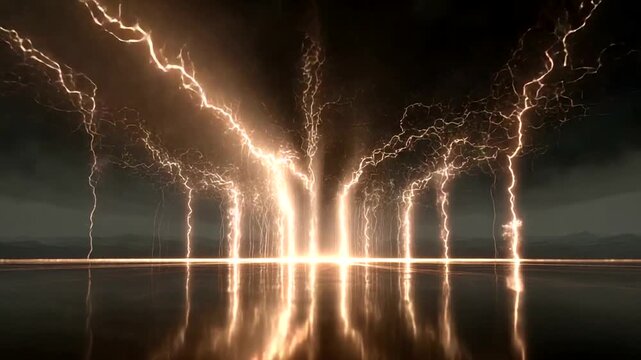 Dramatic Lightning Striking Over Calm Water Surface