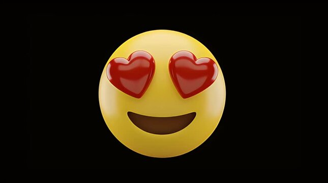 Three dimensional rendering of a bright yellow heart eyes emoji face expressing intense love and adoration against a solid black background isolation